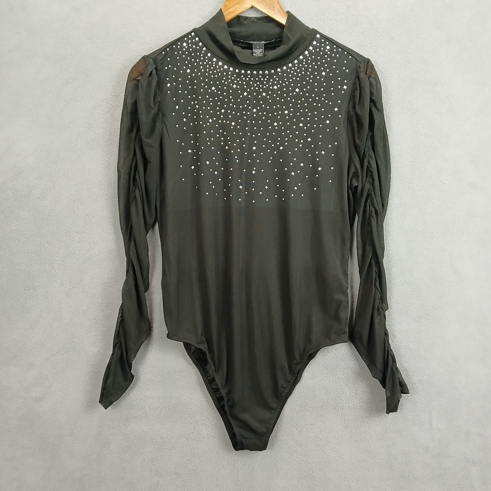 A Love Story Bodysuit Womens Large Black Stretch Embellished Ruched Sleeve